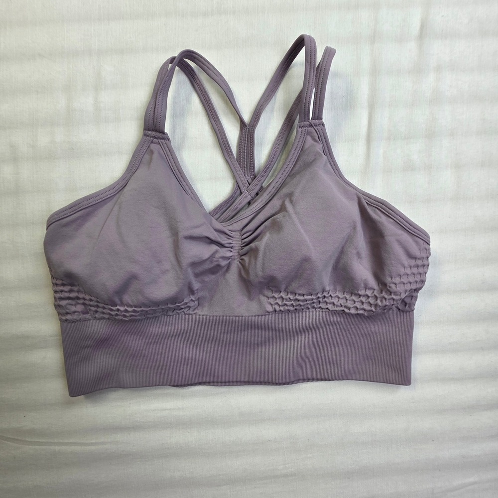 Halara Womens Strappy Back Ruched Front Ribbed Longline Sports Bra Purple M